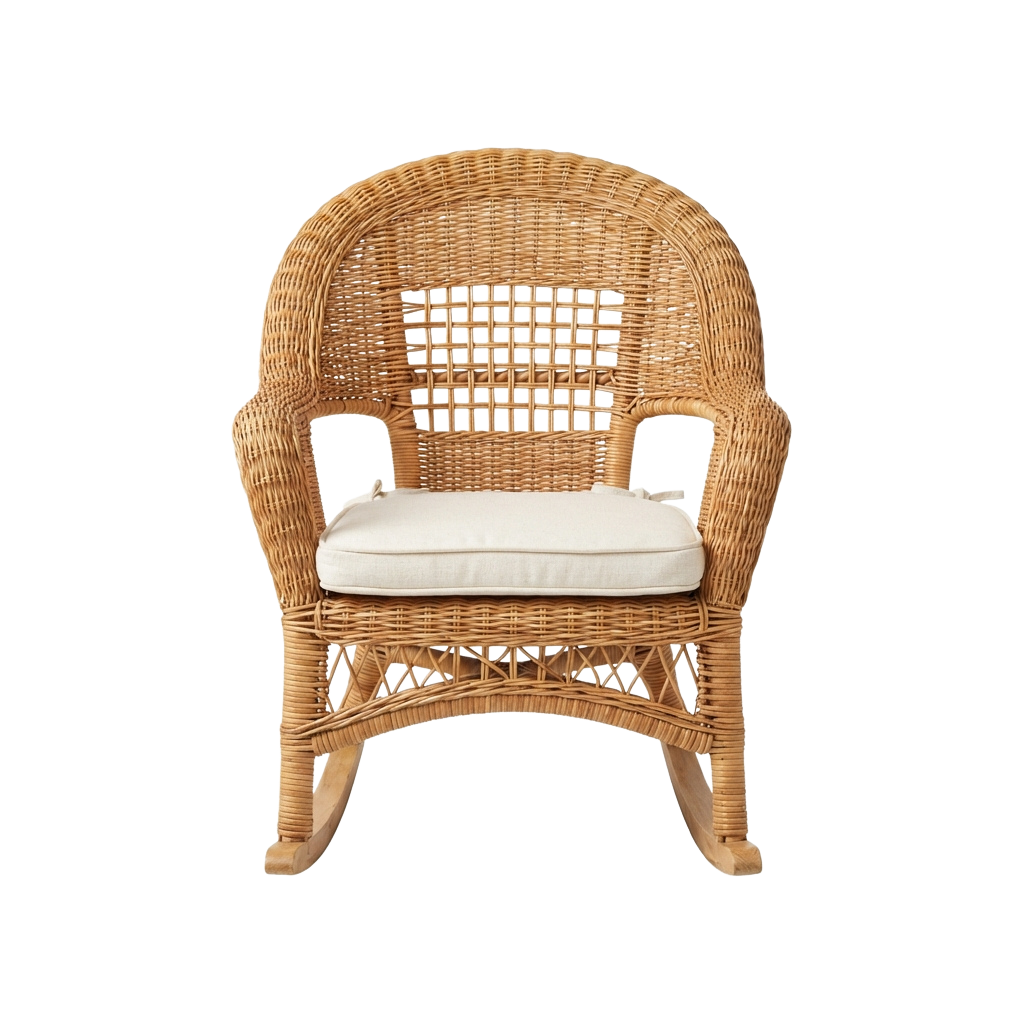 A light-colored wicker armchair with a white cushion and woven backrest.