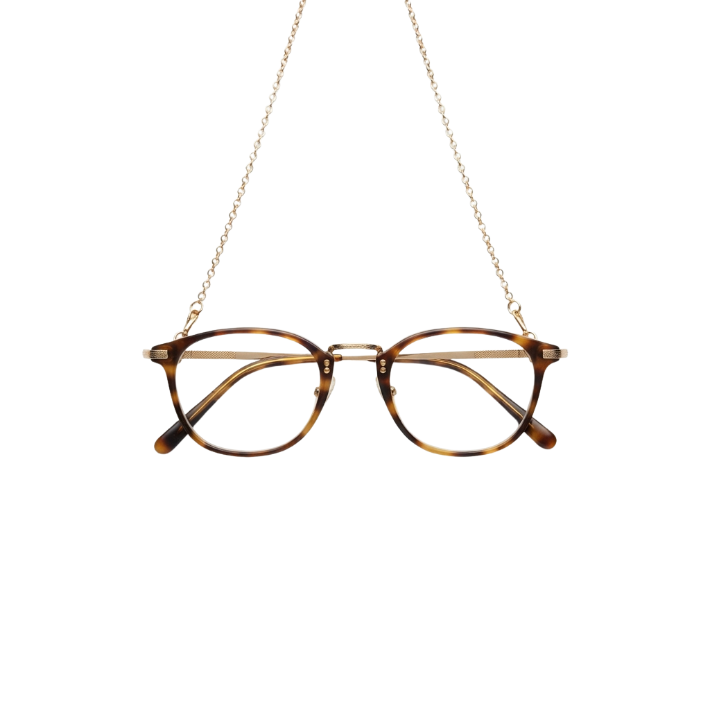 A pair of brown tortoiseshell round frame glasses hanging from a white cord against a black background