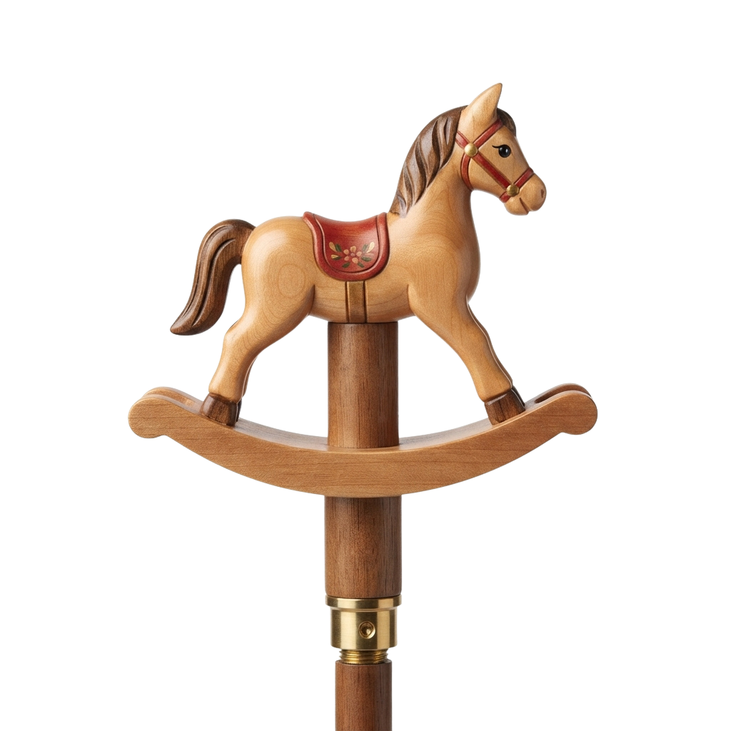 A wooden rocking horse toy with a saddle and bridle, mounted on a curved wooden base with a brass spindle.