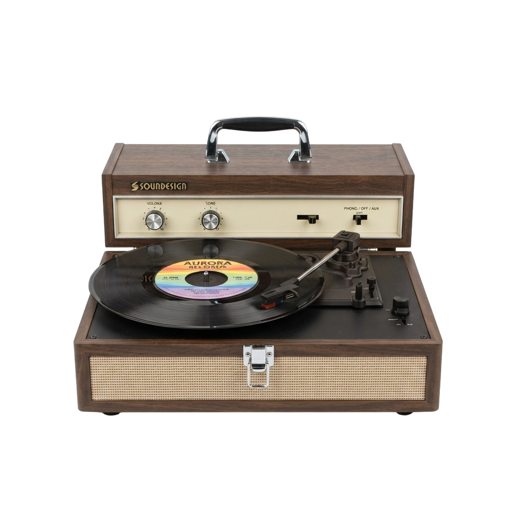 A portable vintage-style record player with a wooden case and a vinyl record playing on it
