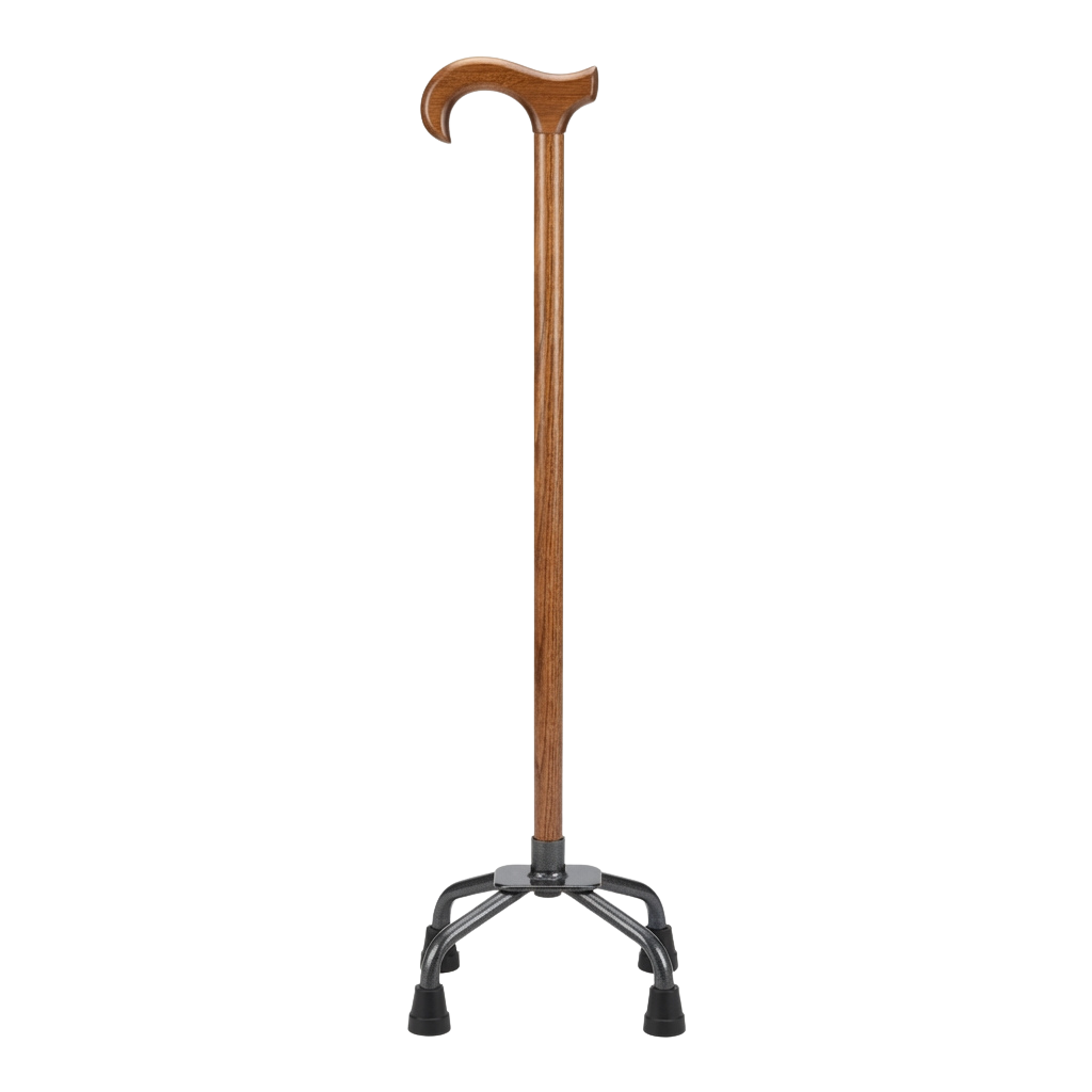 A cane with a wooden curved handle and a black four-legged base standing upright