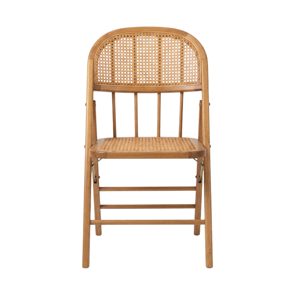 A light-colored wooden wicker chair with a curved backrest and woven seat, displayed against a black background