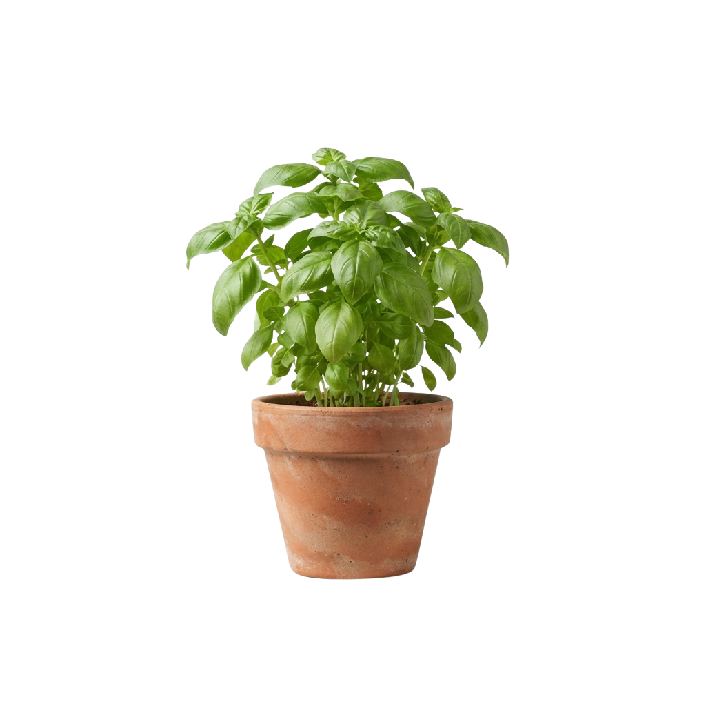A healthy basil plant with green leaves growing in a terracotta pot
