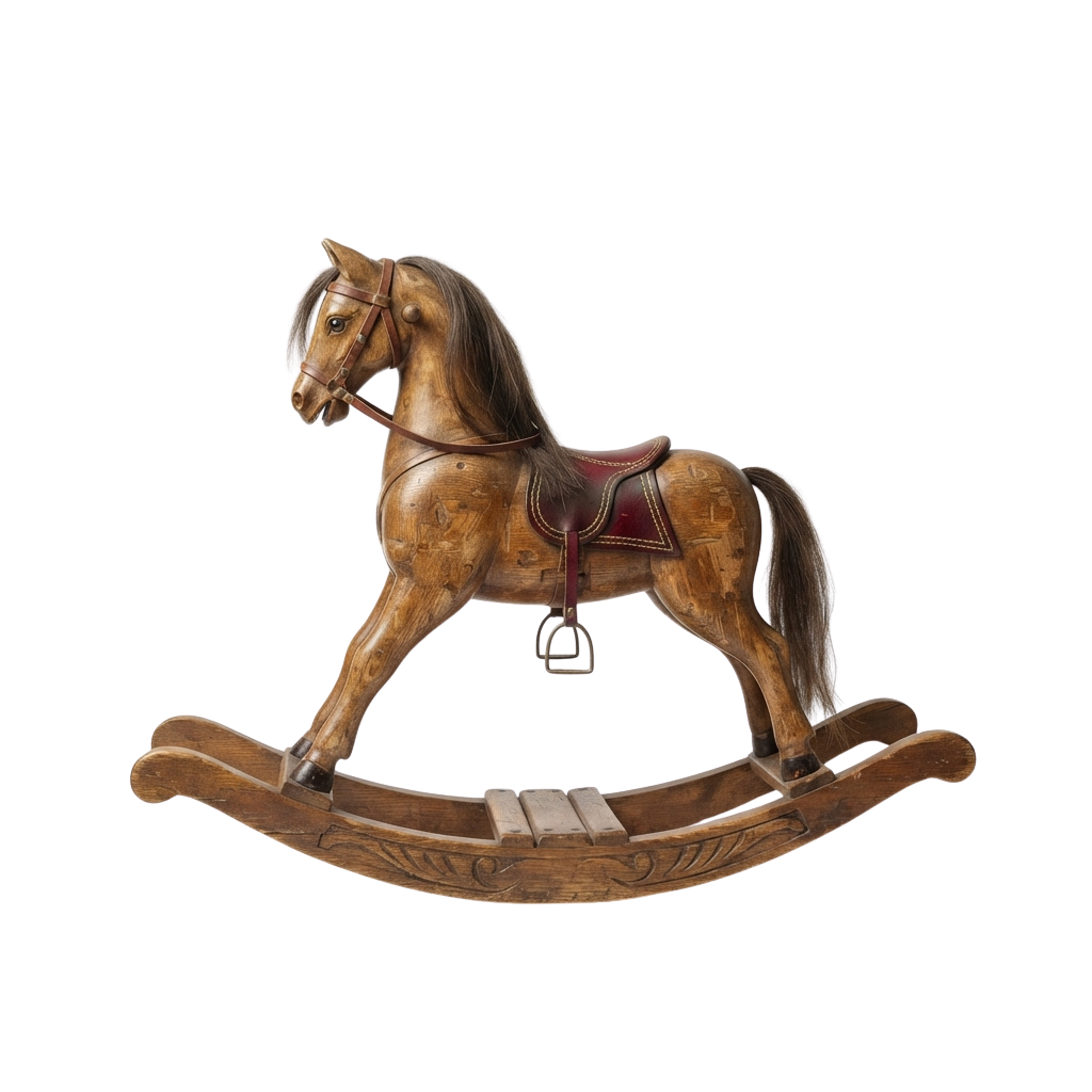 A vintage wooden rocking horse with a saddle and bridle on a curved wooden base
