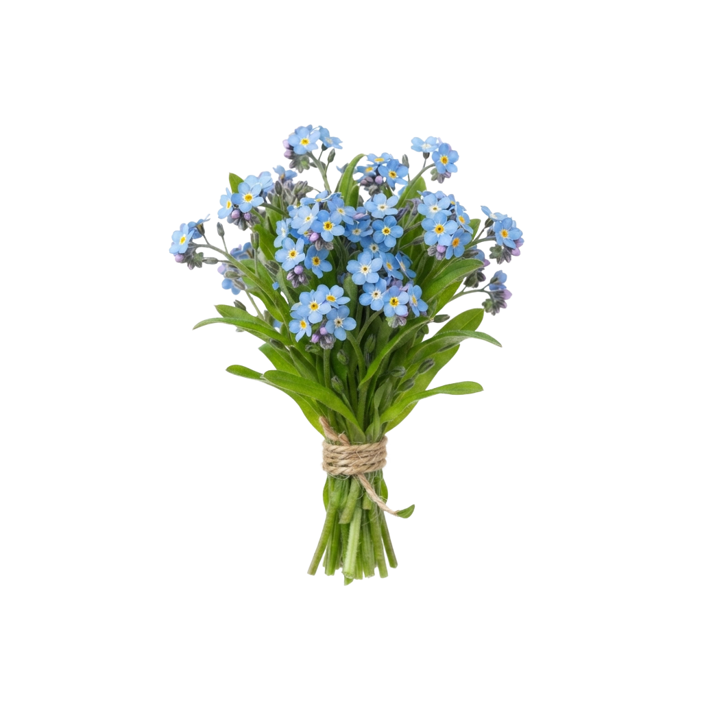 A bouquet of blue forget-me-not flowers tied with twine against a black background