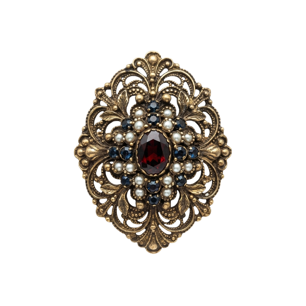 Intricate gold brooch featuring a central red gemstone surrounded by smaller blue gems and white pearls with ornate filigree detailing