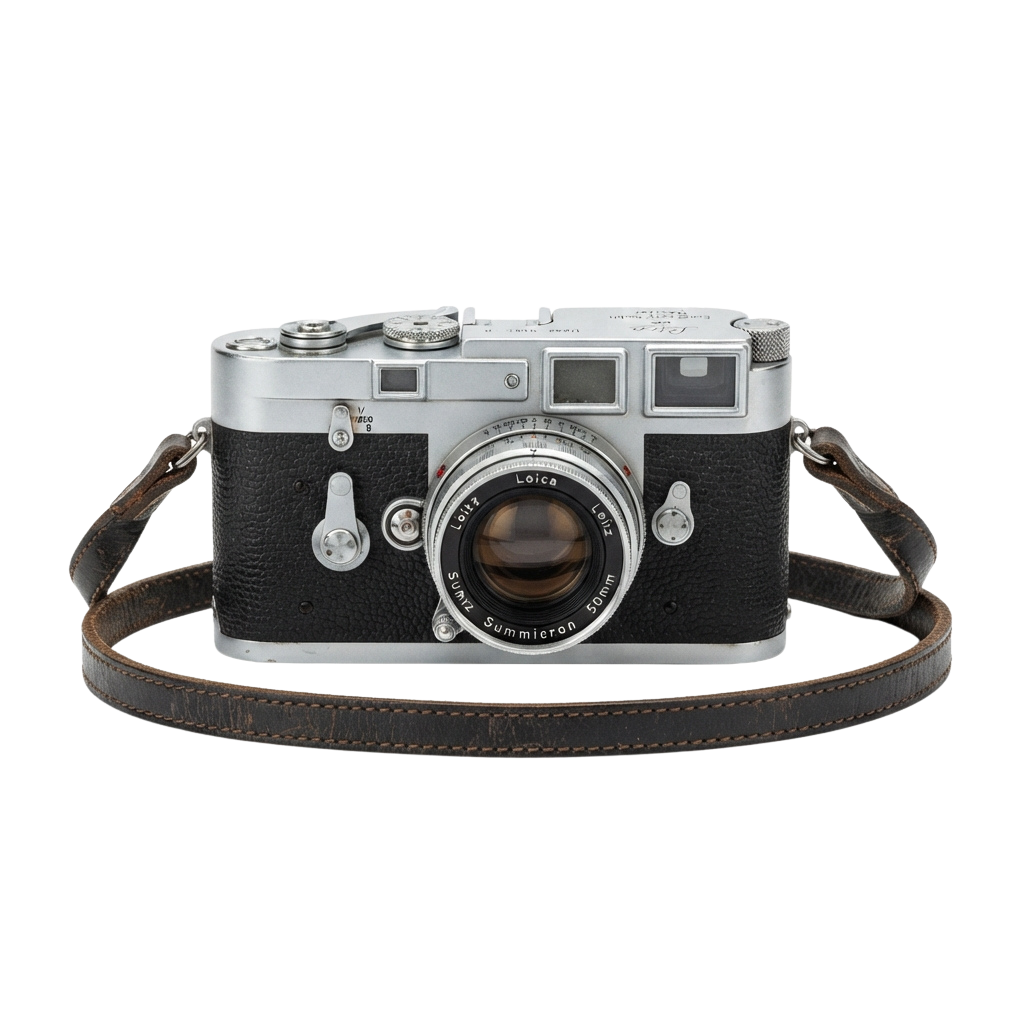 A classic black and silver film camera with a leather strap and a 50mm lens.