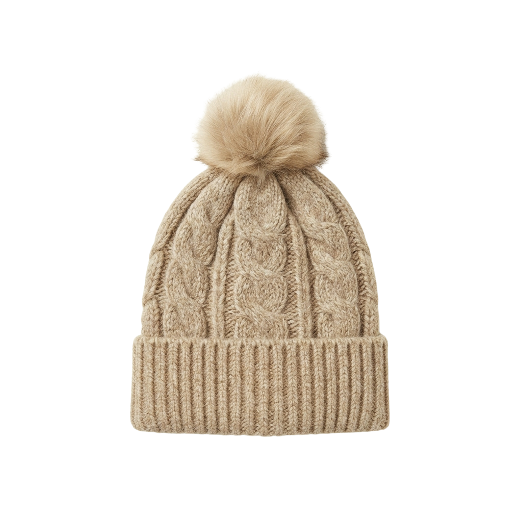 A beige knit beanie with a fluffy white pom pom on top and ribbed cuff