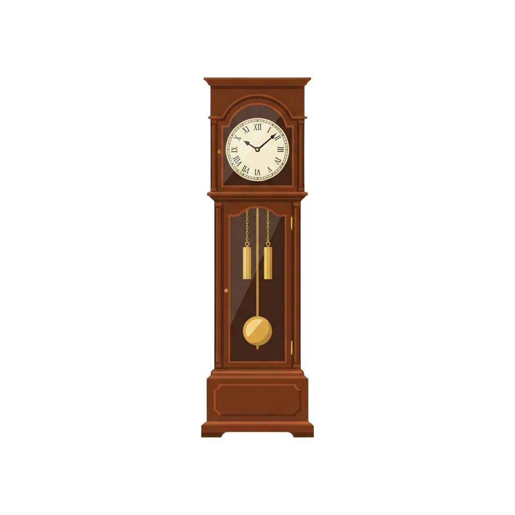 A tall wooden grandfather clock with a white face, black numbers, gold hands, and a visible pendulum inside the glass case.