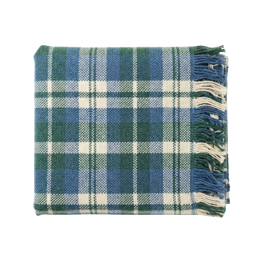 A woven plaid blanket with blue, green, and white colors featuring a frayed fringe on the right side