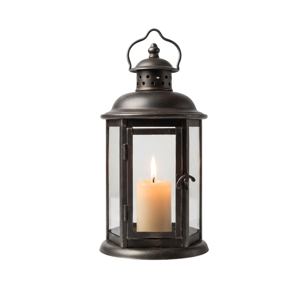 A black metal lantern with a glass front containing a lit candle inside.