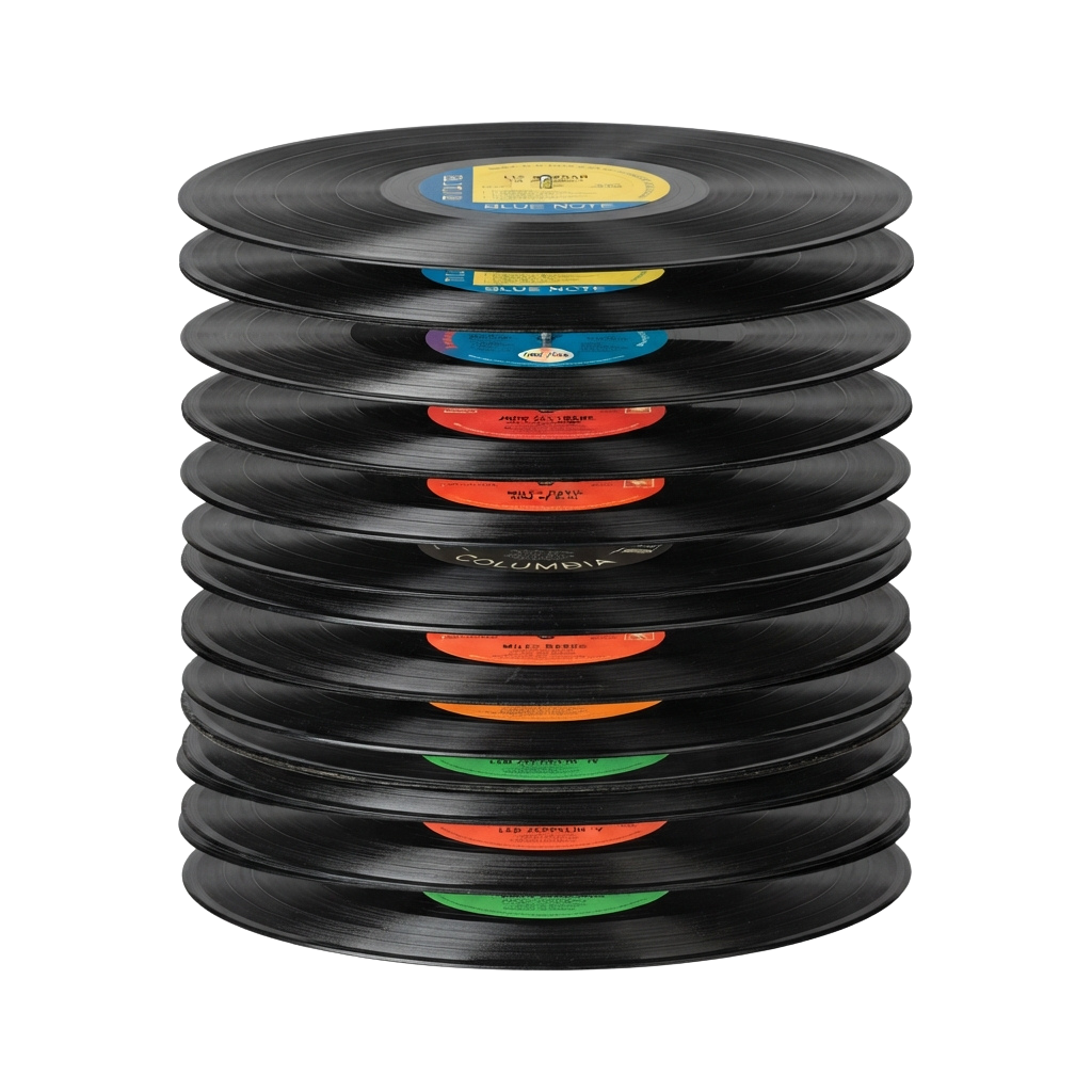 A stack of colorful vinyl records arranged vertically with labels facing outward