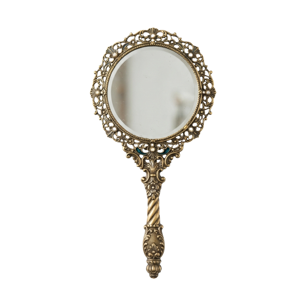 An antique-style hand mirror with a decorative gold-toned frame and detailed floral patterns around the circular reflective surface.