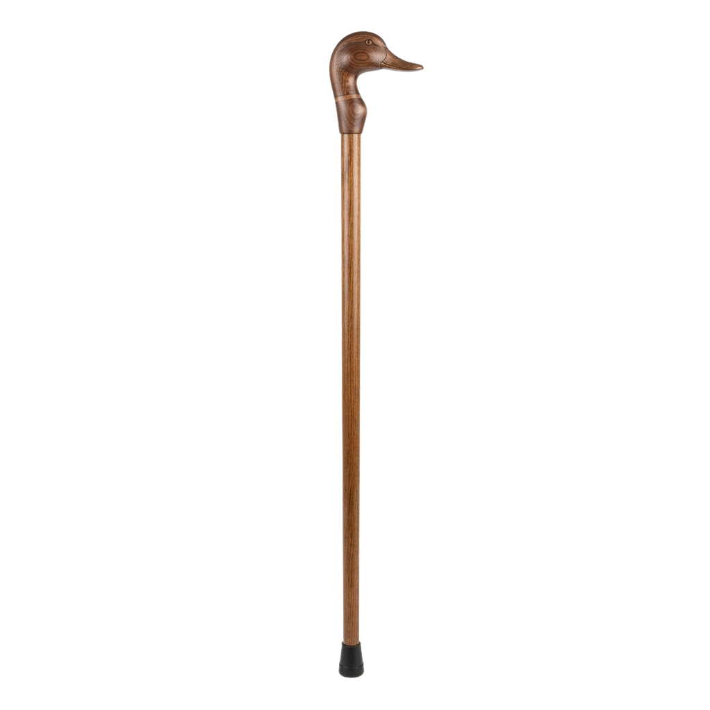 A wooden cane with a carved duck head handle and rubber tip