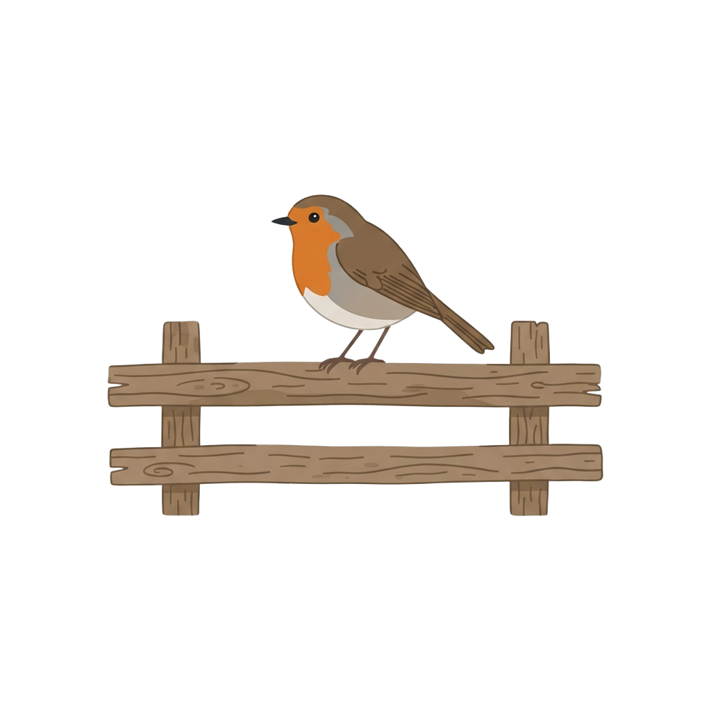 A European robin bird with an orange chest perched on a rustic wooden fence