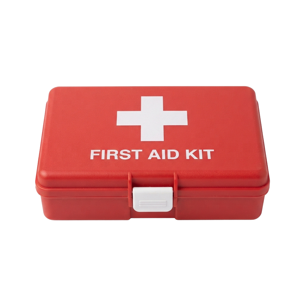 Red plastic first aid kit box featuring a white medical cross and text reading First Aid Kit