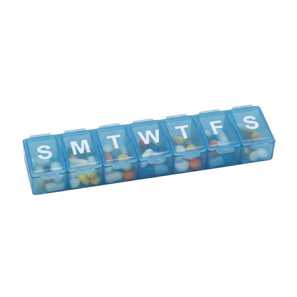 Blue pill organizer labeled with days of the week, each section containing colorful pills