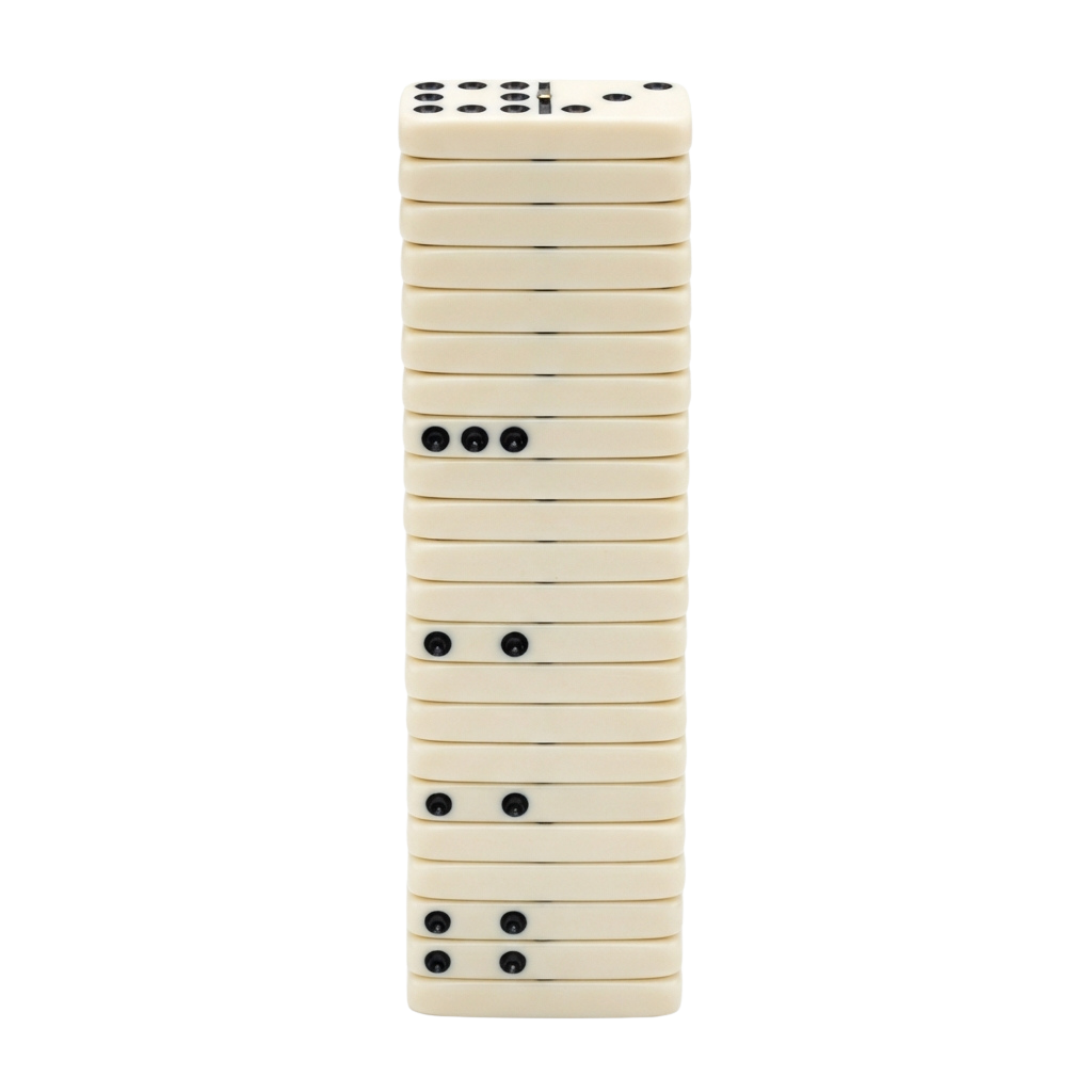 A tall stack of cream-colored dominoes with black pips arranged vertically against a black background