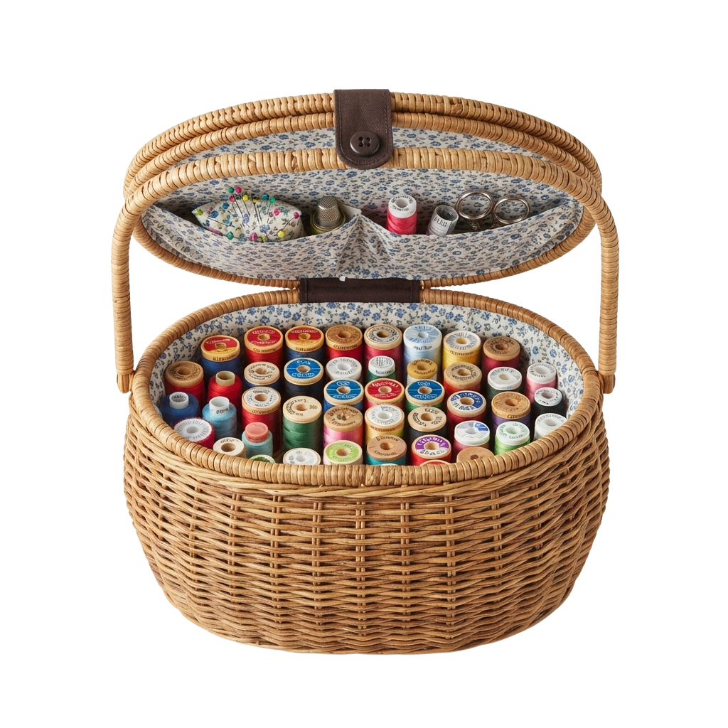 Open wicker basket filled with various spools of colored thread and small sewing accessories