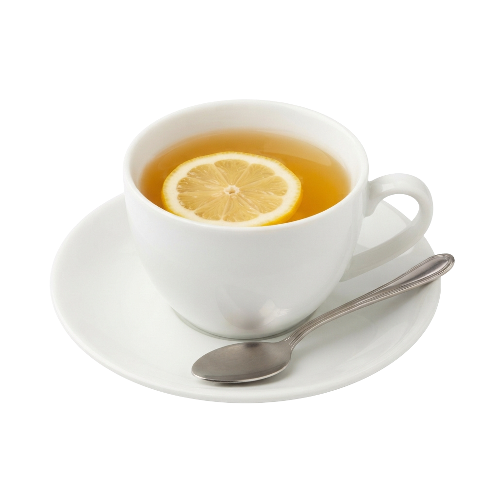 A white cup filled with lemon tea, a lemon slice, saucer, and spoon on a dark background