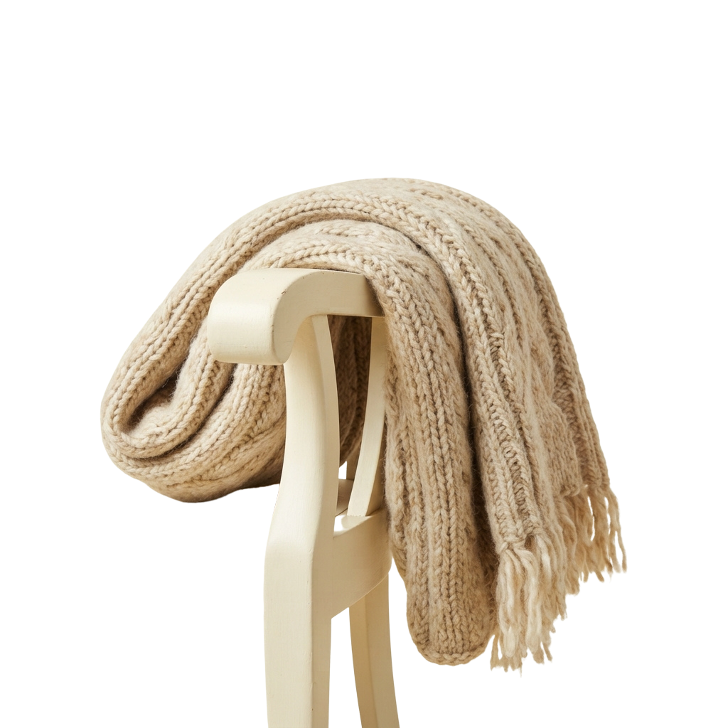 A light beige knitted throw blanket draped over a white wooden chair