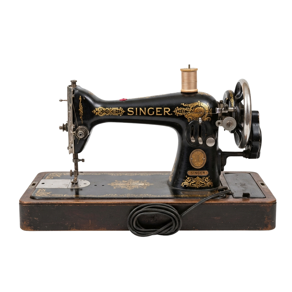 Black vintage sewing machine with gold detailing and a wooden base