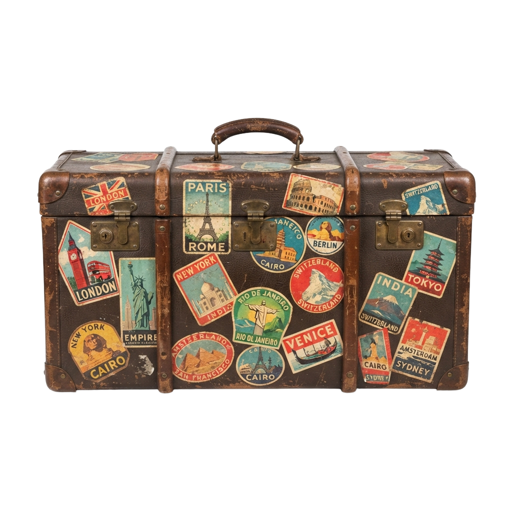 Old brown suitcase covered with colorful travel stickers from various global destinations