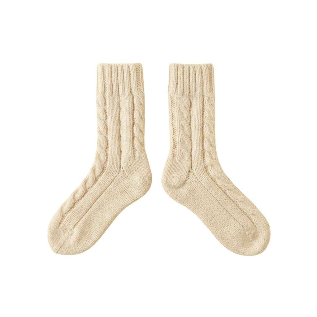 A pair of cream-colored cable knit socks shown side by side against a black background