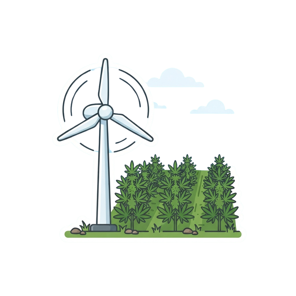 Wind turbine next to cannabis plants on a green field under a cloudy sky