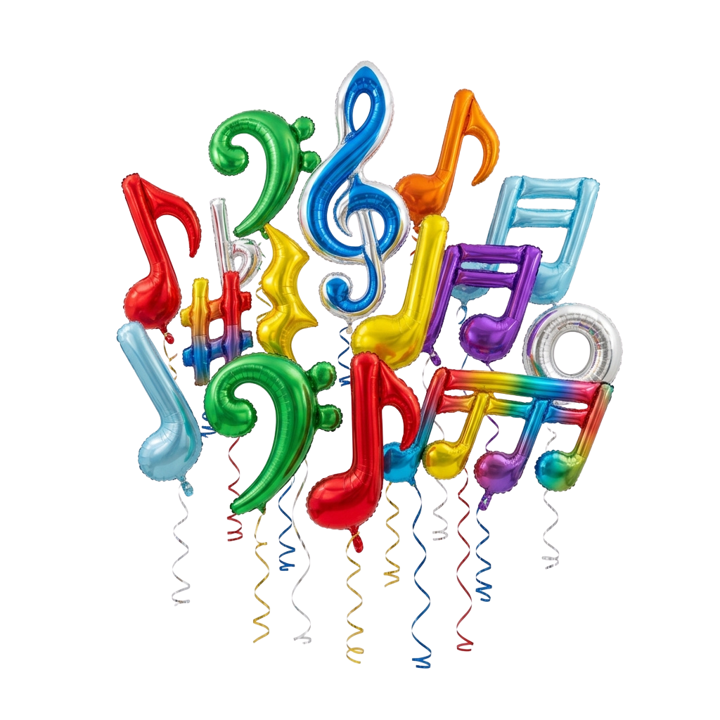 A cluster of vibrant, multicolored musical note-shaped balloons floating together against a dark background