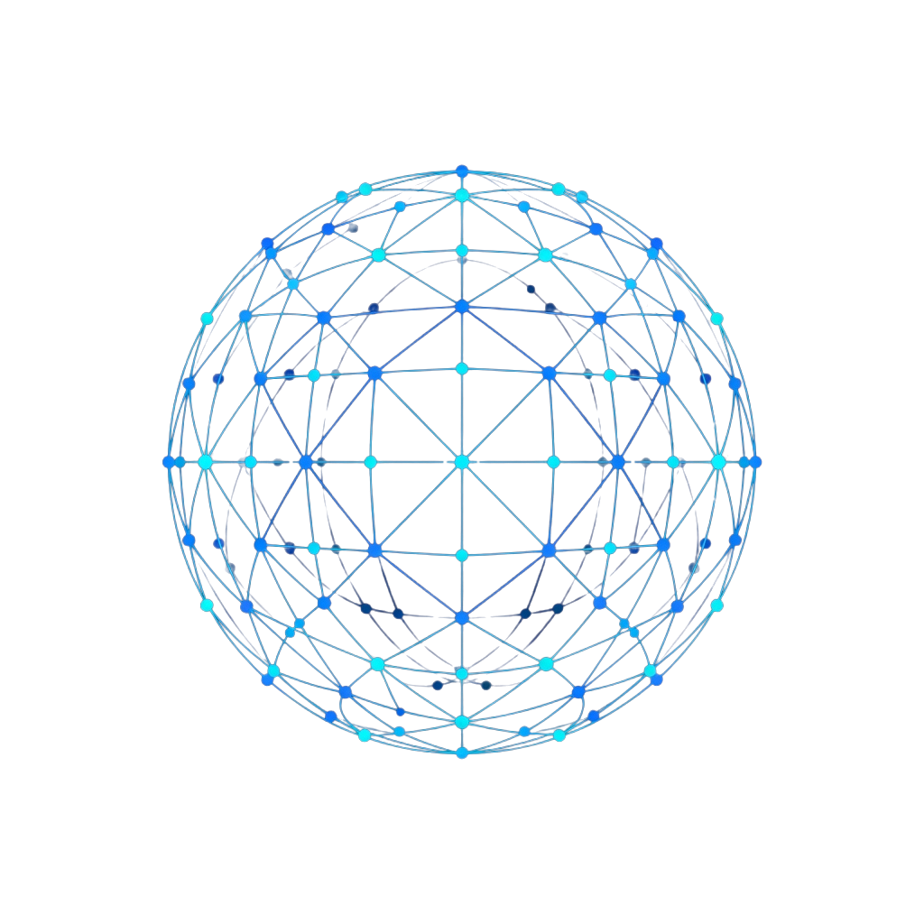 A glowing blue geometric wireframe globe made of interconnected nodes and lines on a dark background