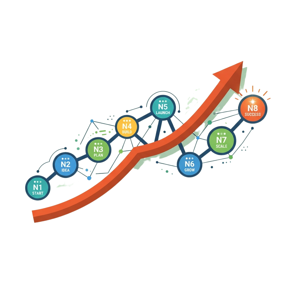 Infographic showing eight stages of a startup journey from start to success with an upward growth arrow
