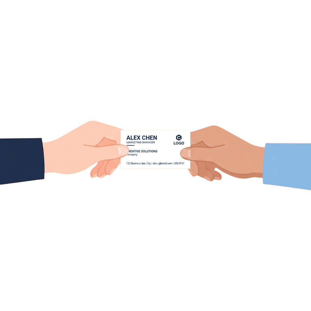Two hands in business attire exchanging a business card with contact details and a logo