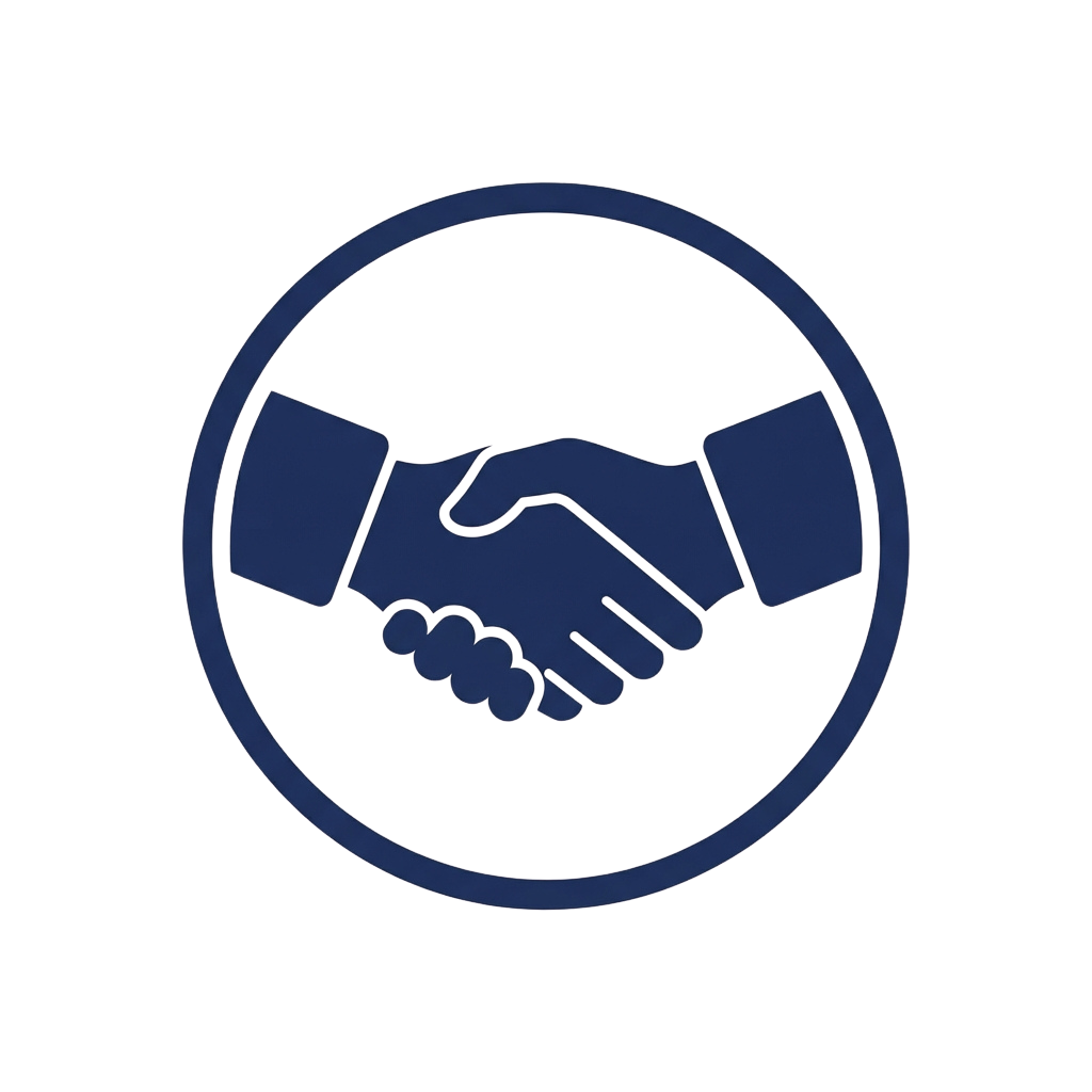 Two hands shaking in a blue circle on a dark background symbolizing partnership or agreement