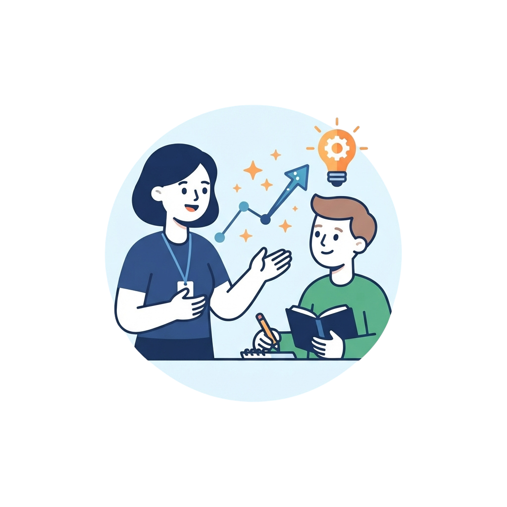 A teacher and student discussing a graph with a lightbulb icon representing ideas above them.