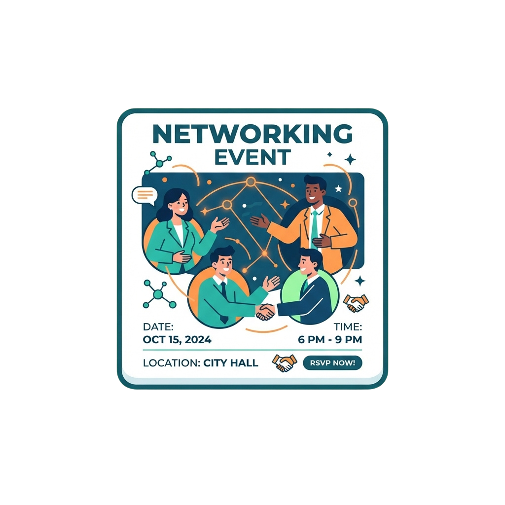 Illustration of a networking event showing people shaking hands and connecting with each other, scheduled for Oct 15, 2024, at City Hall from 6 PM to 9 PM