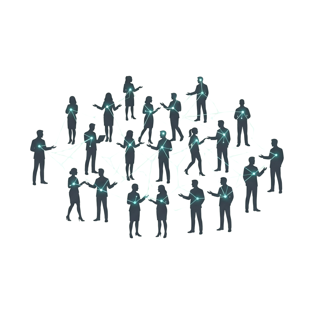 Silhouettes of people connected by glowing blue lines representing a network or digital connections.