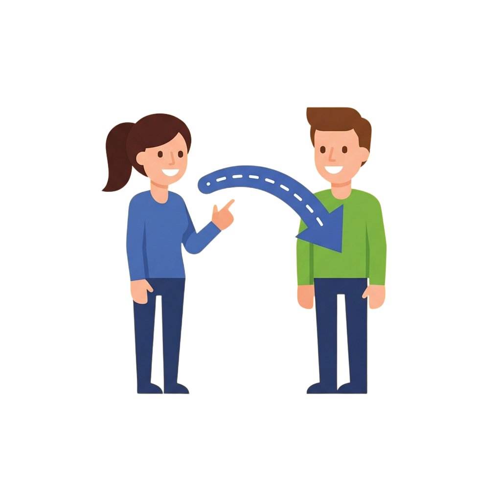 Two smiling individuals pointing at a curved blue digital connection arrow between them