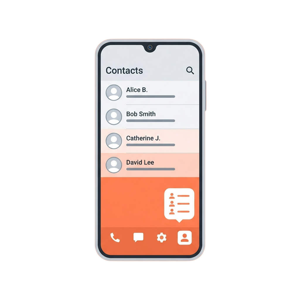 Smartphone screen showing a contacts list with four entries and a chat icon at the bottom