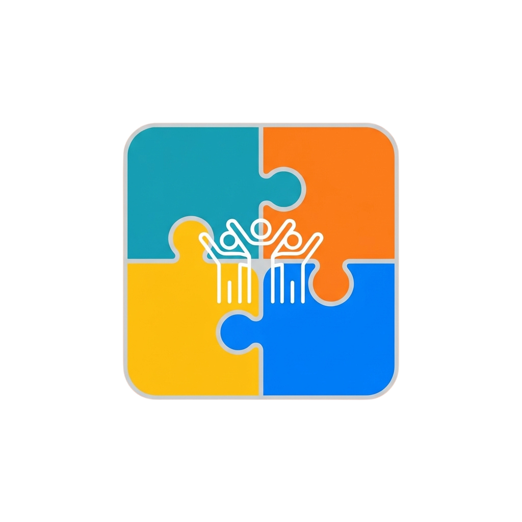 Four interlocking puzzle pieces in blue, orange, and yellow with a white teamwork icon in the center