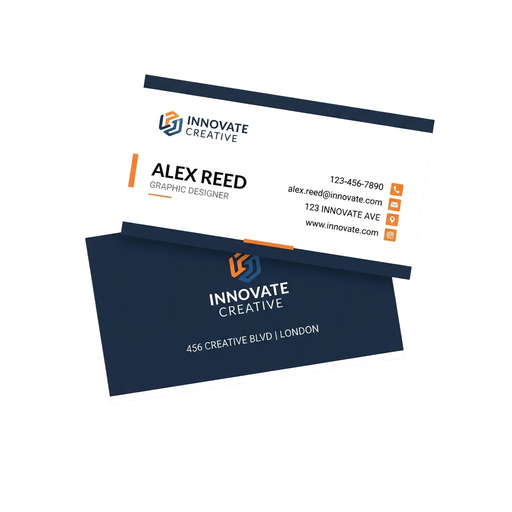 Two business cards showing front and back design with logo, name, job title, contact info, and company address