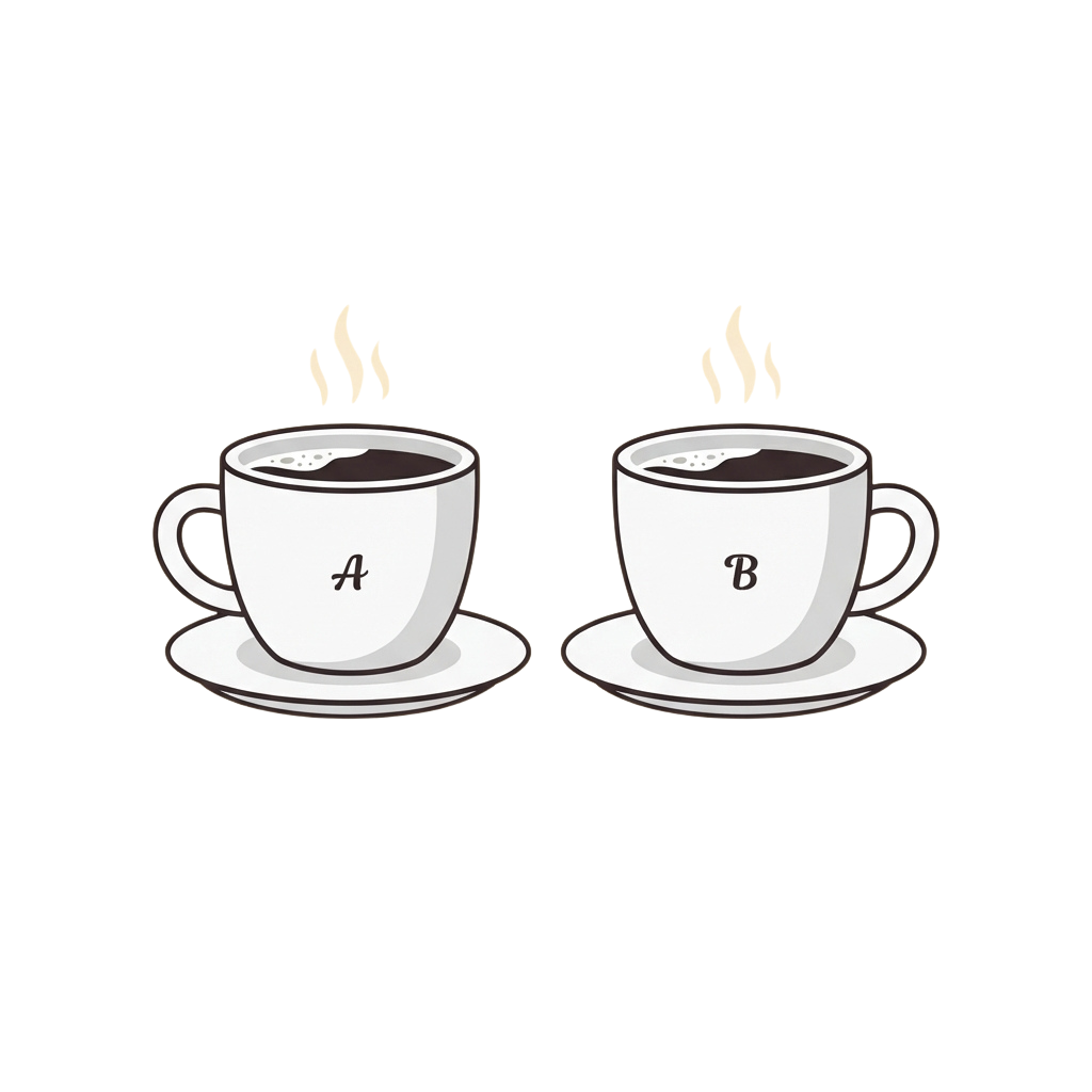 Two white coffee cups labeled A and B with steam rising, placed on matching saucers against a black background