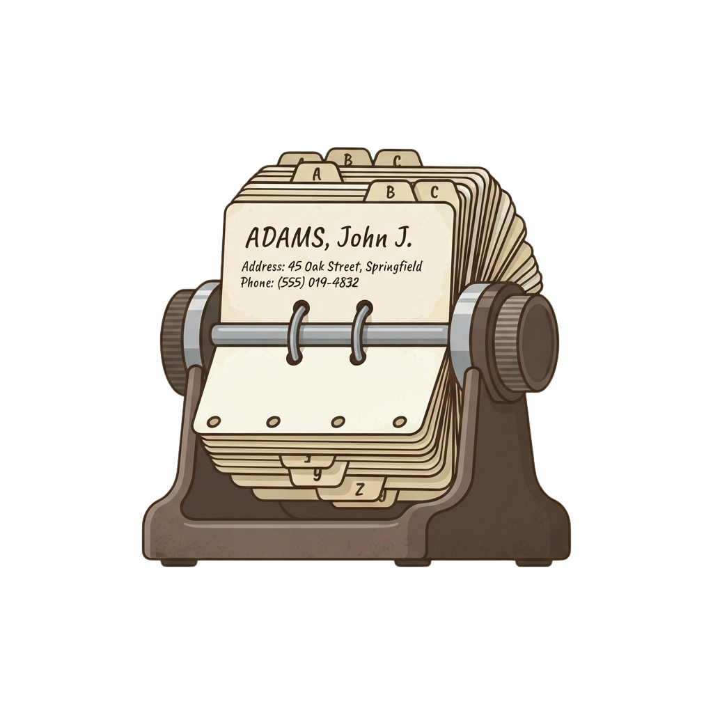 Illustration of an old-fashioned card index file system with labeled drawers and contact card