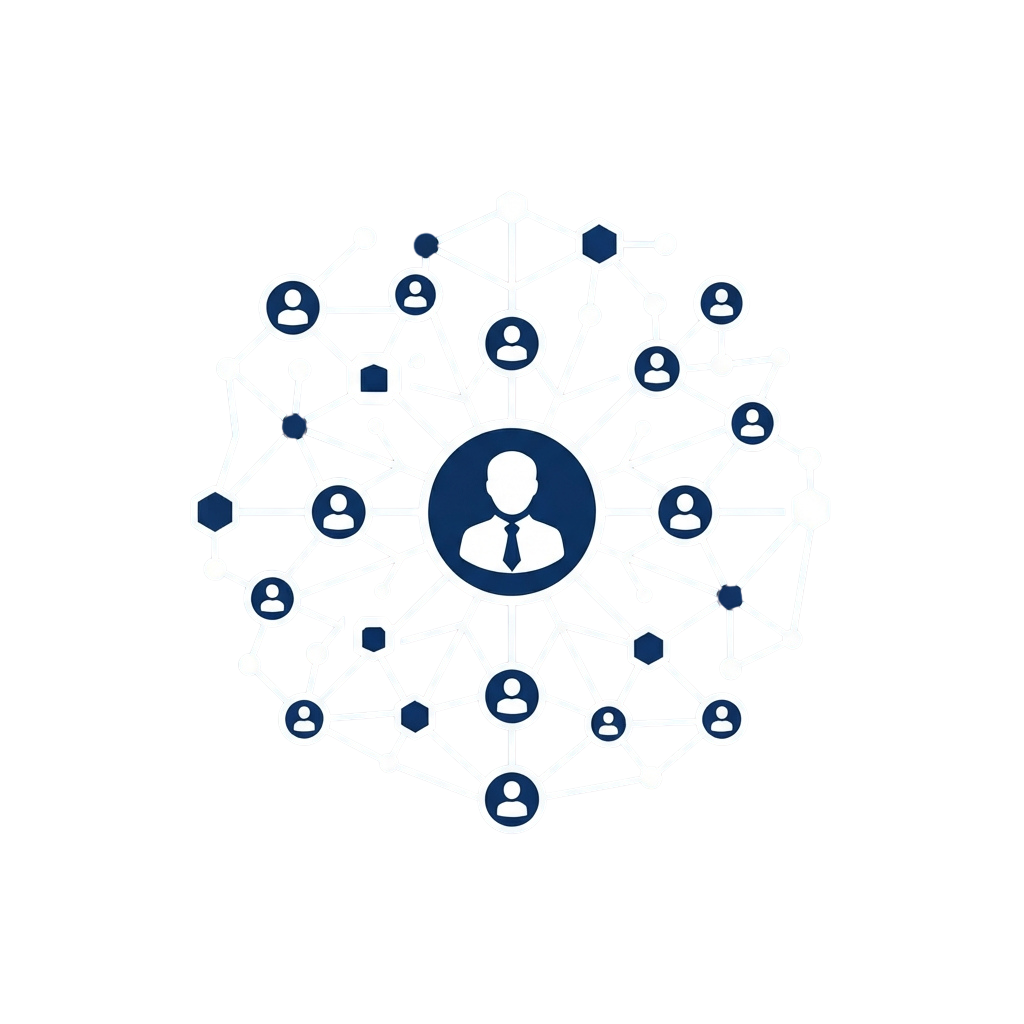 A central figure connected to multiple smaller figures in a network pattern