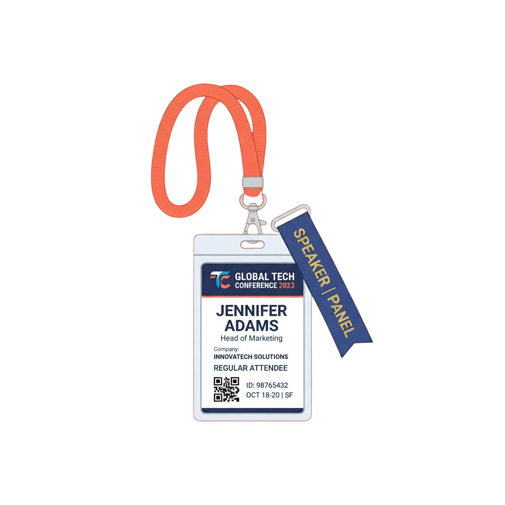 Conference badge on lanyard labeled Speaker Panel for Global Tech Conference 2023