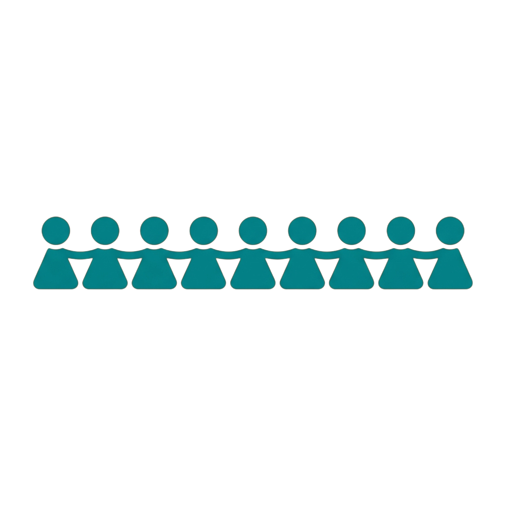 Eight stylized figures standing in a line holding hands, connected by horizontal lines.