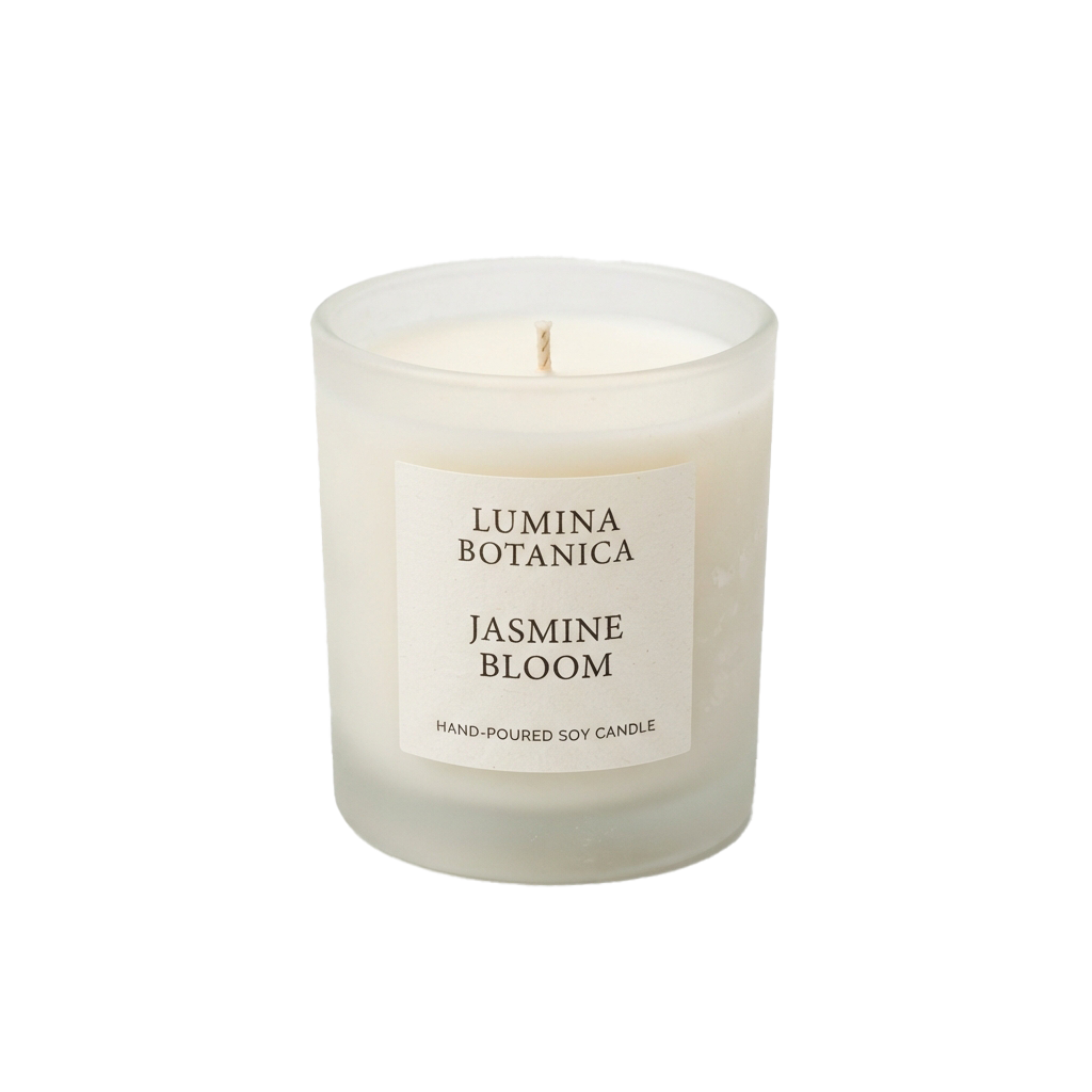 White hand-poured soy candle labeled Jasmine Bloom with a wick lit at the top