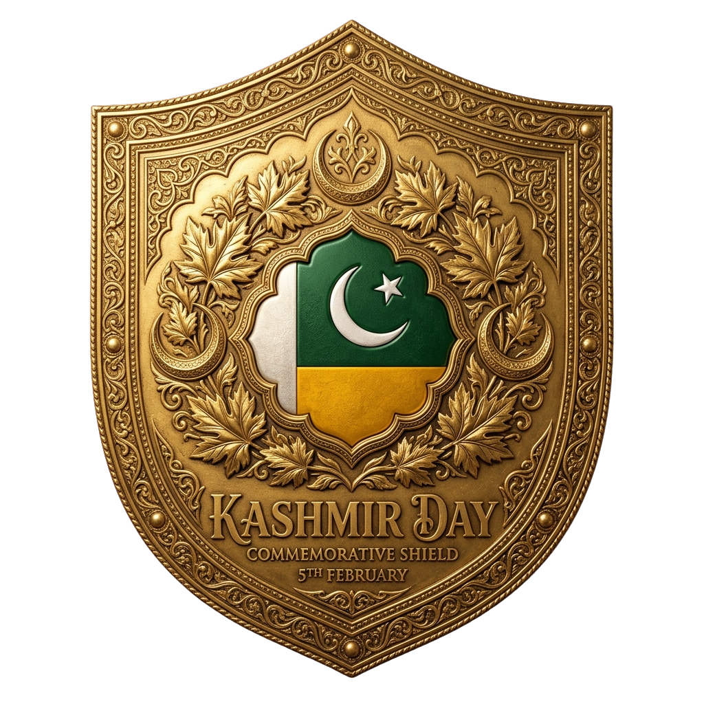 Golden shield emblem with Pakistan flag and crescent star, celebrating Kashmir Day on 5th February