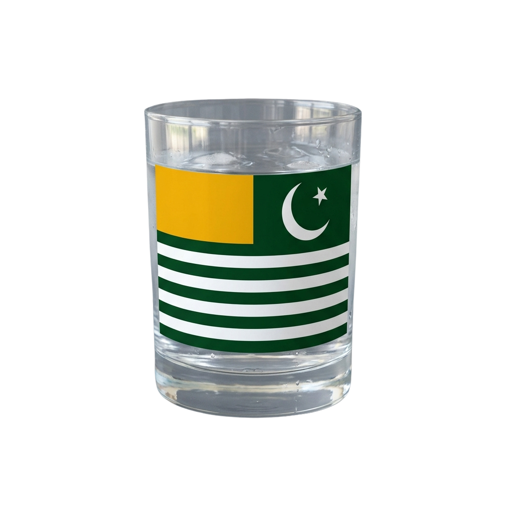 Clear glass tumbler with a printed flag design featuring green, white stripes, a yellow rectangle, and a white crescent star.