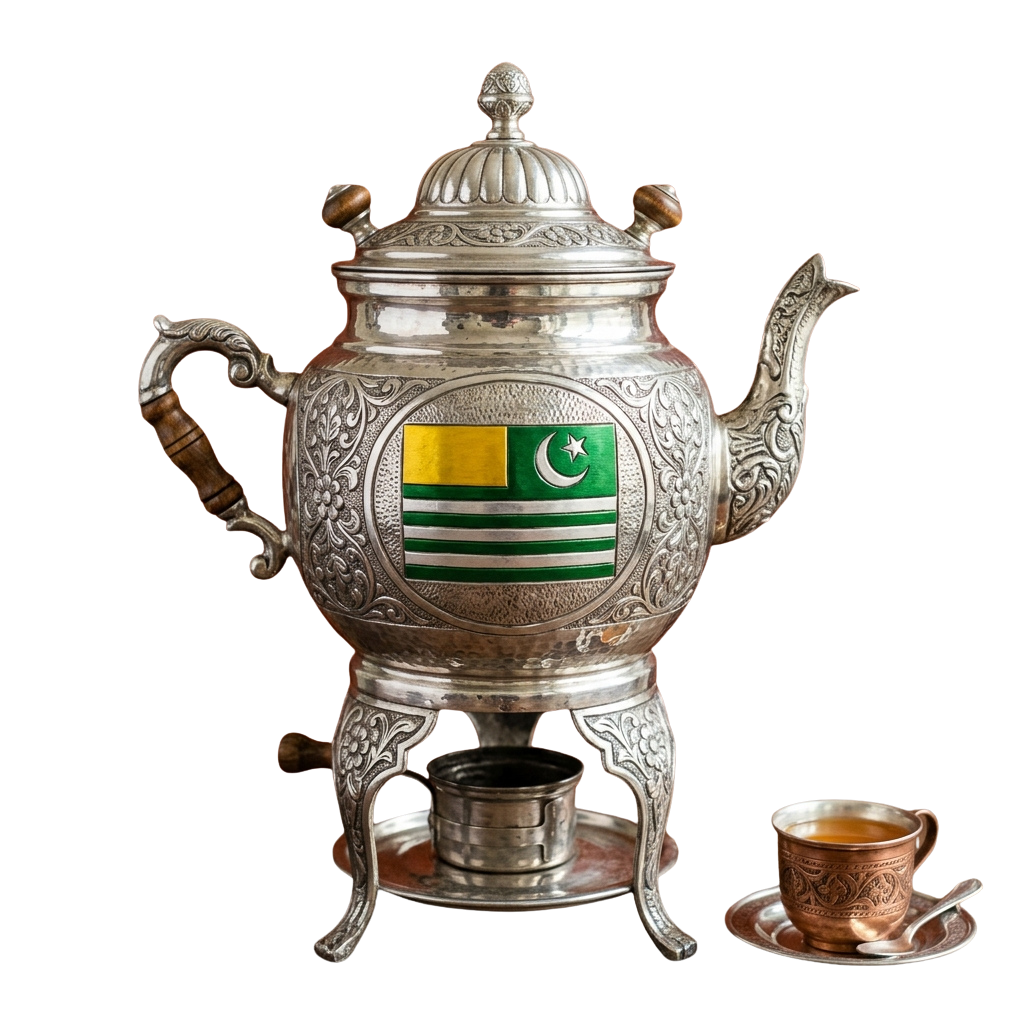 Decorative metal samovar with Pakistani flag design and matching copper cup on saucer